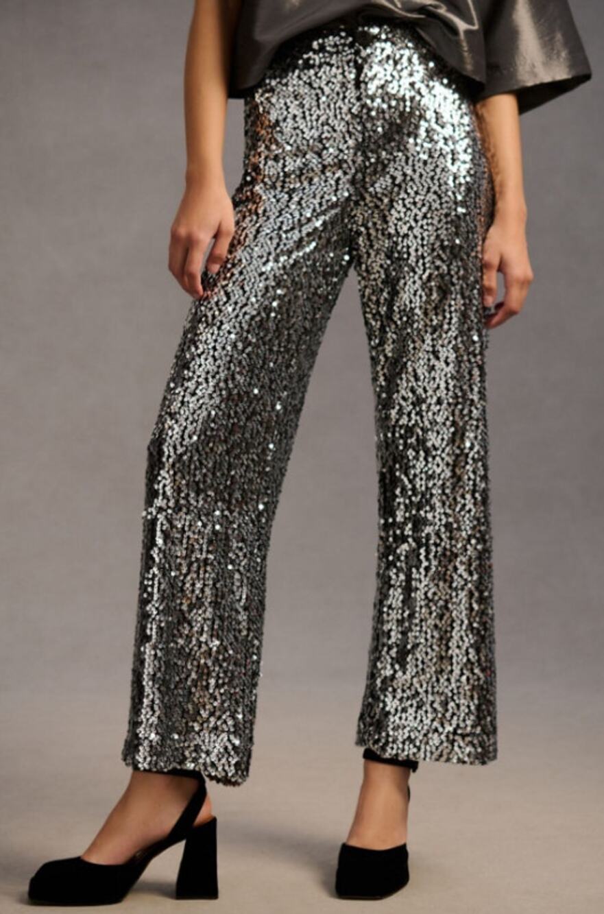 Maeve The Colette Sequin Cropped Wide Leg Silver Pants Women's Sz 28 NWT